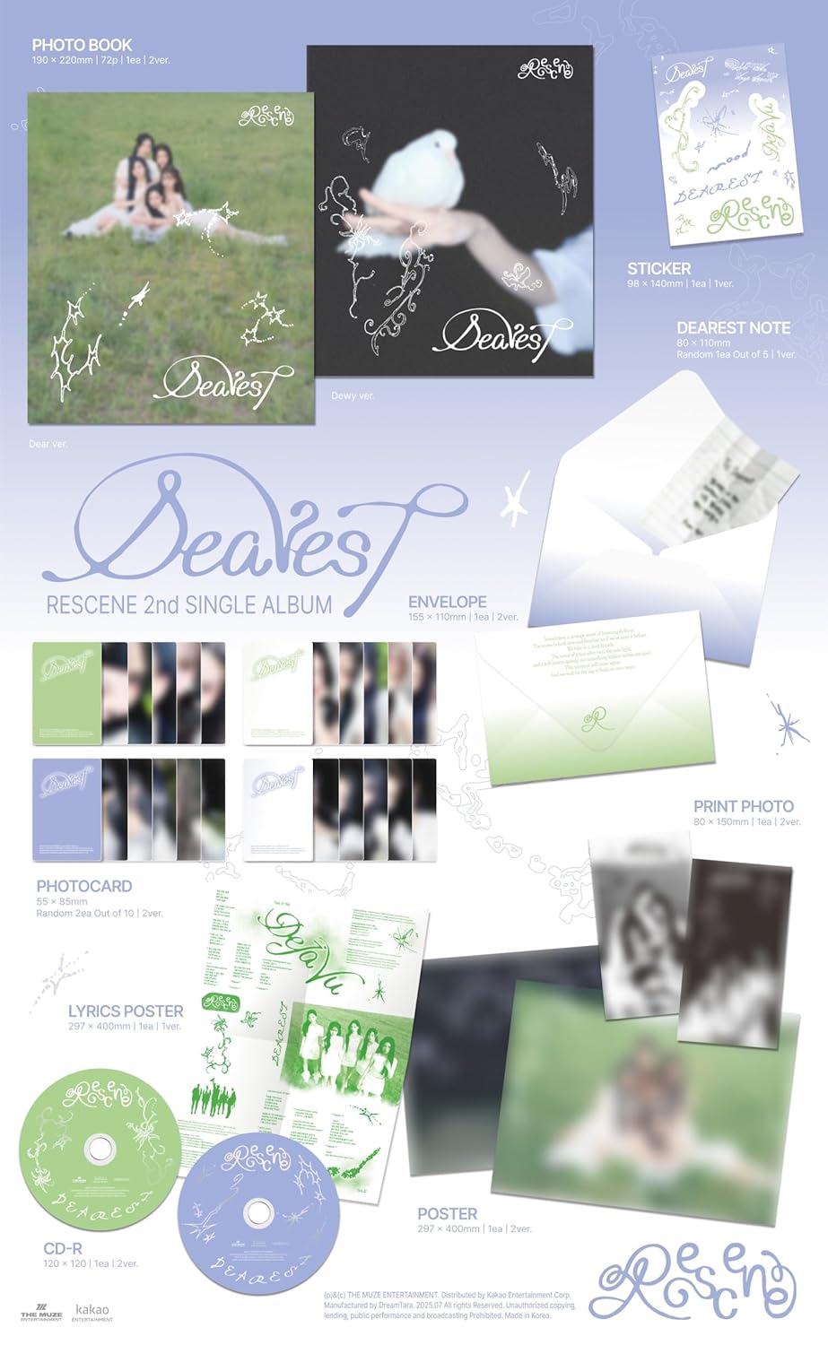 RESCENE Dearest 2nd Single Album Standard 2 Version Set Dear+Dewy PhotoBook+PhotoCard+Poster on Pack+Lyrics Poster on Pack+Print Photo+Sticker+Note+Tracking Sealed