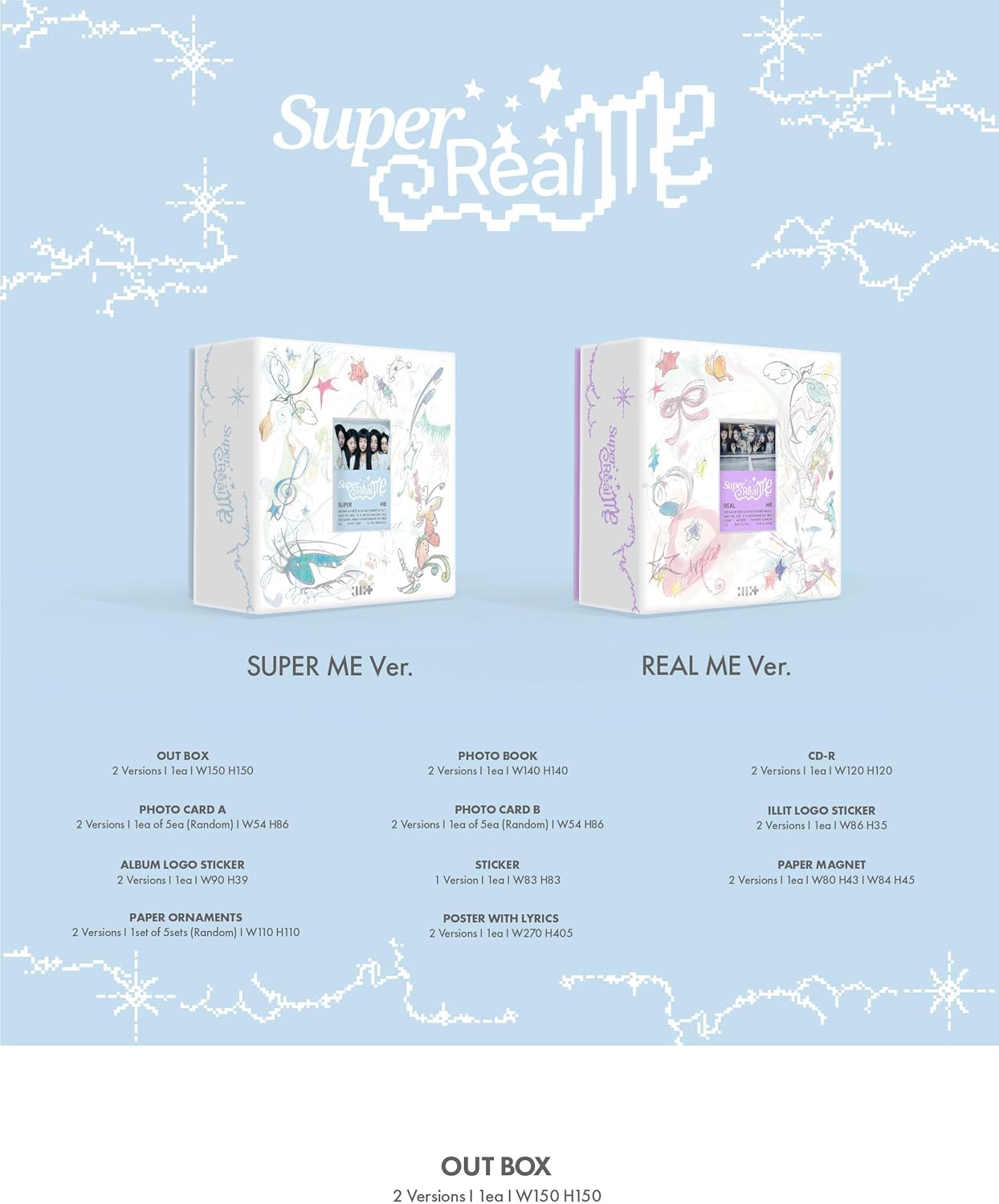 DREAMUS ILLIT Super Real ME 1st Mini Album CD+Poster with Lyrics on Pack+Photobook+Photocard A+Photocard B+Sticker+Paper Magnet+Paper Ornaments+Tracking Sealed (Super ME Version)