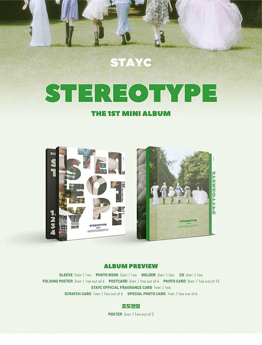 STAYC STEREOTYPE 1st Mini Album [ A ] VER. CD+84p Photo Book+Holder+Folding Poster(On pack)+Post Card+Photo Card+Stayc Official Fragrance Card+Scratch Card+Special Photo Card