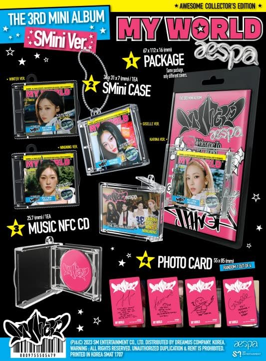 aespa MY WORLD 3rd Mini Album SMini Version Cover+NFC card+Keyring ball chain+Photocard+Tracking Sealed (NINGNING Version)