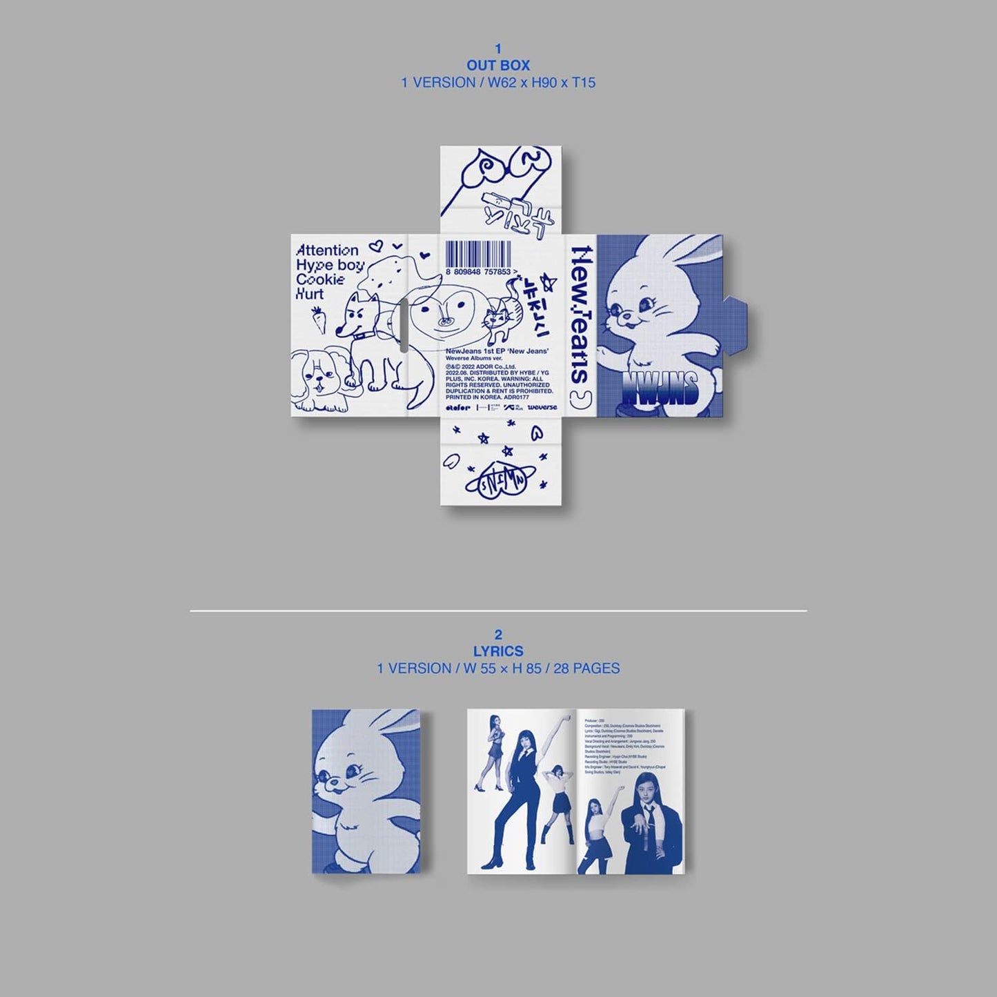NewJeans - 1st EP [New Jeans] (Weverse Albums) Out Box + Lyrics + Photocards + QR Card + 3 Extra Photocards