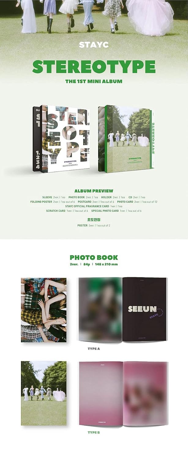 STAYC Stereotype 1st Mini Album Type B 1p Folding Poster On Pack+84p PhotoBook+1p Post+1p PhotoCard+1p Fragrance+1p Scratch+1p Special Card+Tracking Sealed