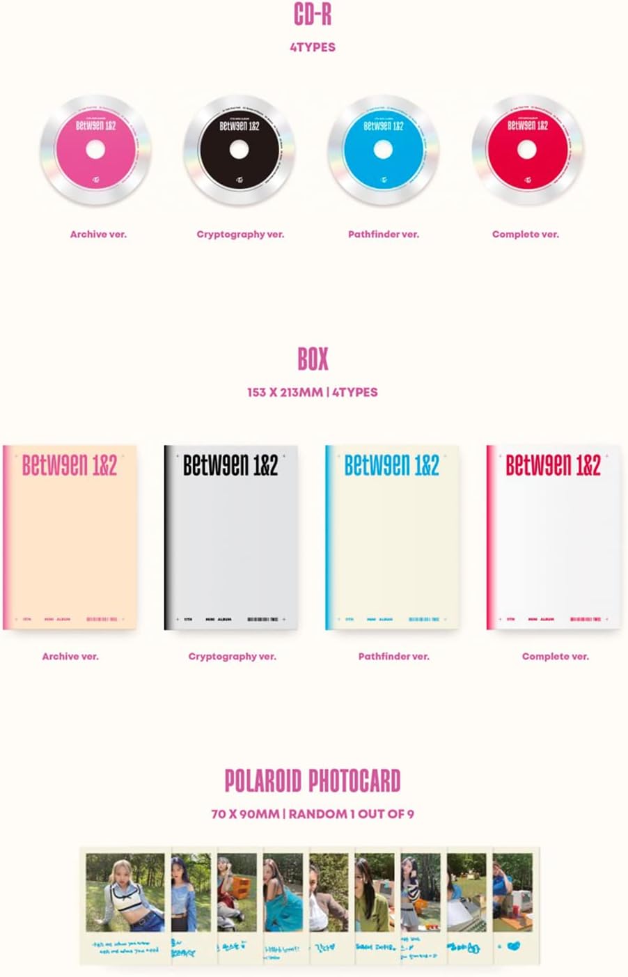 TWICE - [BETWEEN 1&2] (Complete Ver.) Photobook + CD-R + BOX + Polaroid + Postcard + Sticker + Message Photocard + Heart Glass + Folded Poster + Photocard + 2 Pin Button Badges