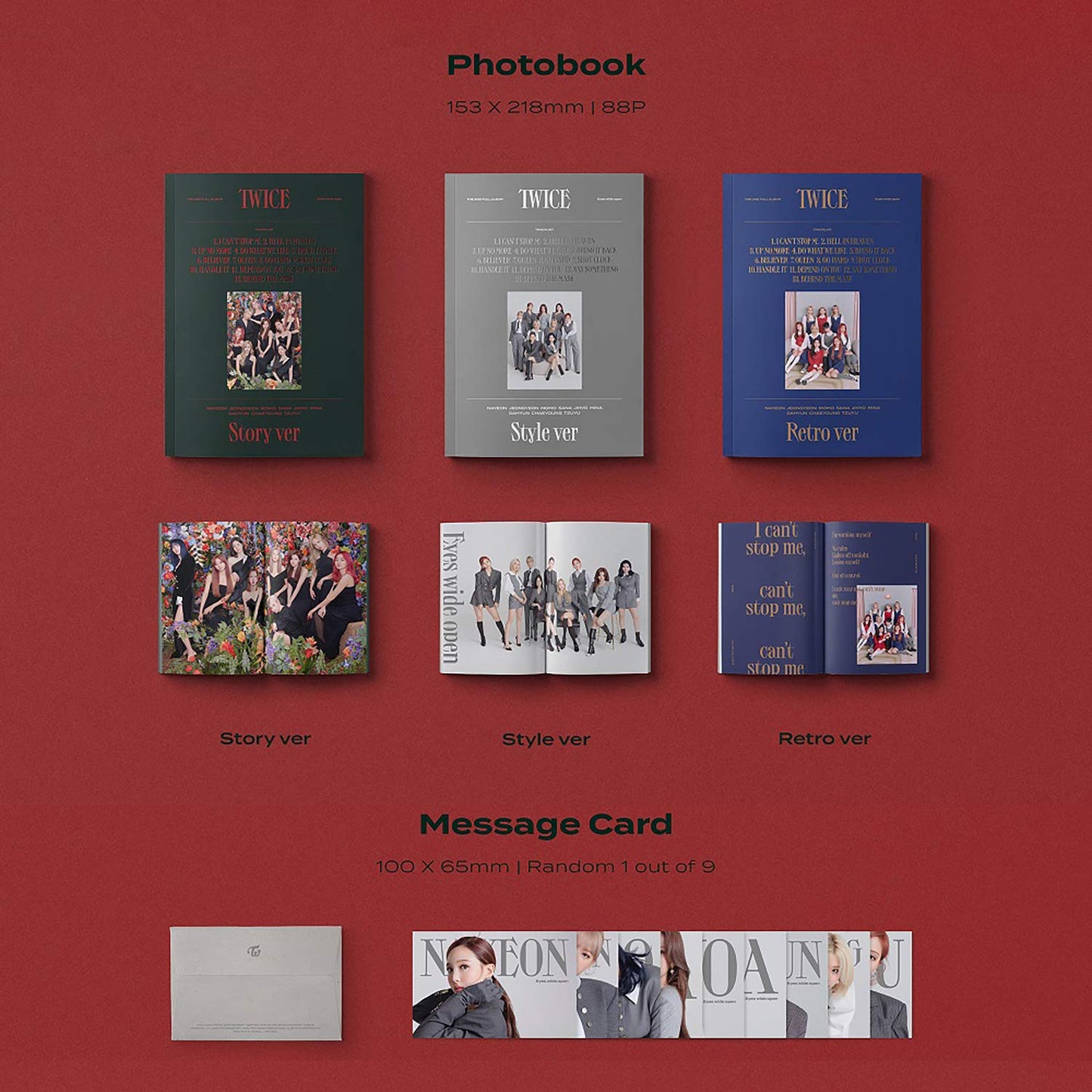TWICE 2nd Album - EYES WIDE OPEN RETRO ver. Photobook + Message Card + Lyric Poster + Sticker + Photocards