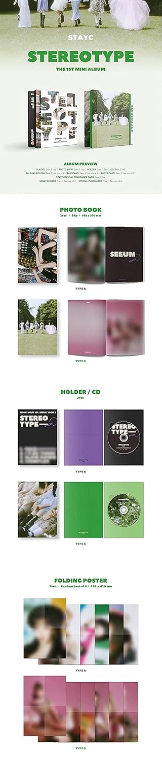 STAYC [ STEREOTYPE ] 1st Mini Album [ TYPE A ] 1ea CD + 84p Photo Book + 1ea Folding Poster + 1ea Post Card + 1ea Photo Card + 1ea Fragrance Card + 1ea Scratch Card + 1ea Special Photo Card